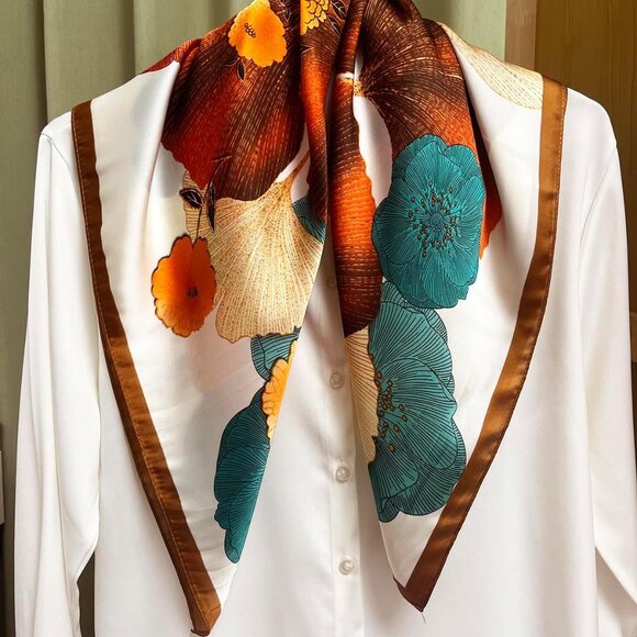 Silk Feel 03 Orange Floral Edge Satin Square Head Scarf for Women Medium 28 Inch - Picture 6 of 7